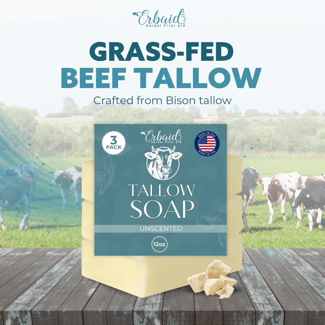 Erbaid Beef Tallow Soap Bar – All Natural Grass Fed Tallow Soap Unscented – Moisturizing Face & Body Wash for Eczema, Dry, Itchy, Sensitive Skin – Handcrafted Bath Soap for Adults, Kids, Made in USA Avelisse