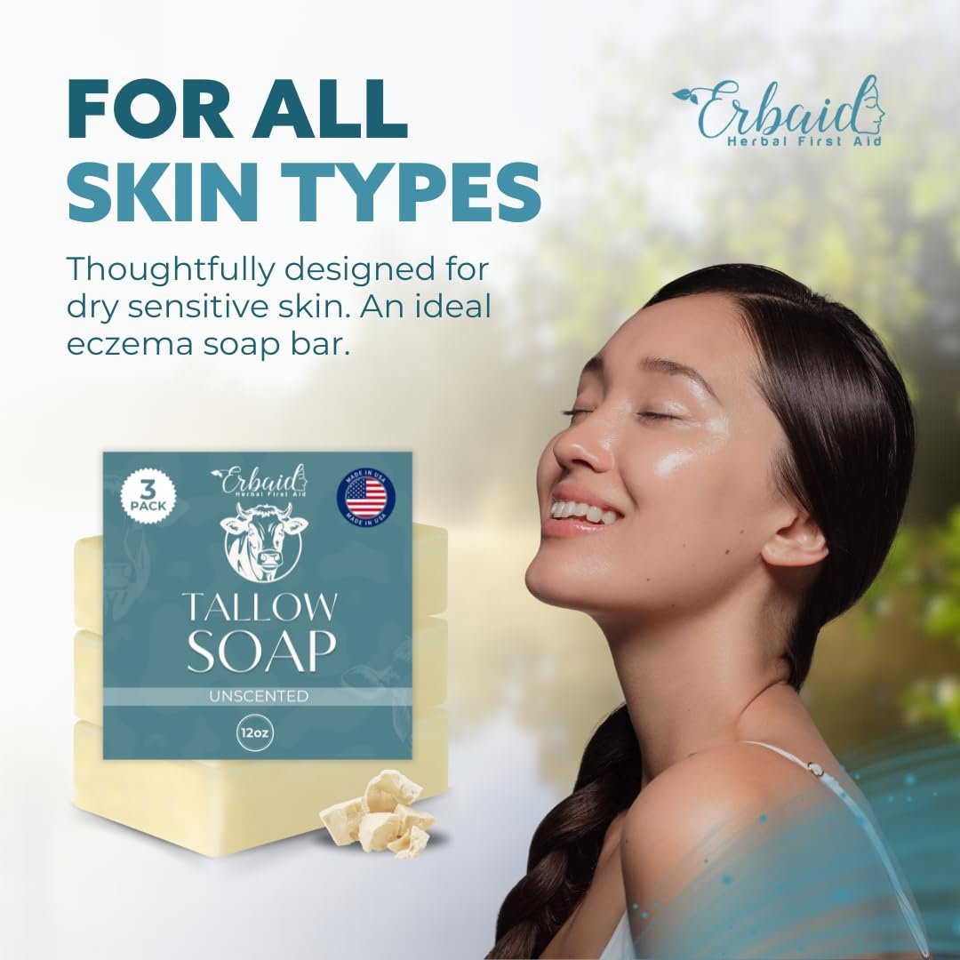 Erbaid Beef Tallow Soap Bar – All Natural Grass Fed Tallow Soap Unscented – Moisturizing Face & Body Wash for Eczema, Dry, Itchy, Sensitive Skin – Handcrafted Bath Soap for Adults, Kids, Made in USA Avelisse
