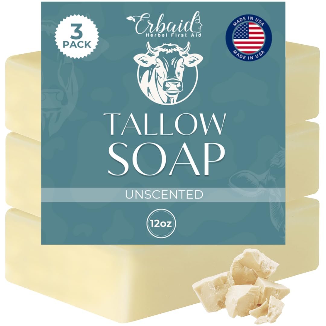 Erbaid Beef Tallow Soap Bar – All Natural Grass Fed Tallow Soap Unscented – Moisturizing Face & Body Wash for Eczema, Dry, Itchy, Sensitive Skin – Handcrafted Bath Soap for Adults, Kids, Made in USA Avelisse