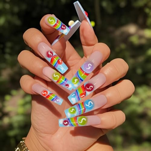 GREENTEA Handmade Nail Summer Rainbow Skittles Design Press-On Nails - Long Coffin Style, 10-Piece Set (Size M) - görsel 9