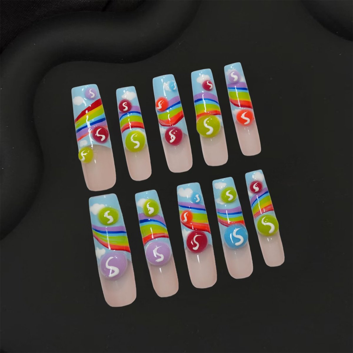 GREENTEA Handmade Nail Summer Rainbow Skittles Design Press-On Nails - Long Coffin Style, 10-Piece Set (Size M) - görsel 6