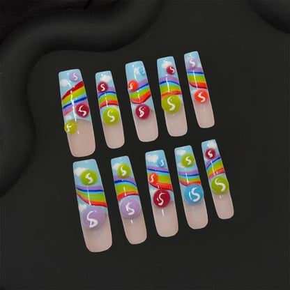 GREENTEA Handmade Nail Summer Rainbow Skittles Design Press-On Nails - Long Coffin Style, 10-Piece Set (Size M)