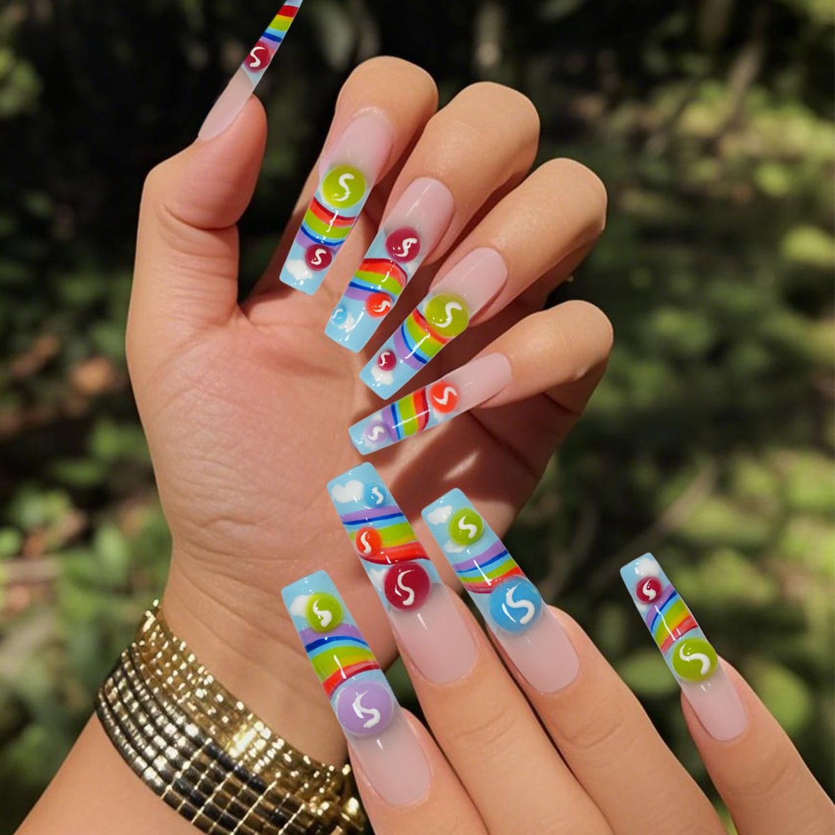 GREENTEA Handmade Nail Summer Rainbow Skittles Design Press-On Nails - Long Coffin Style, 10-Piece Set (Size M) - görsel 8