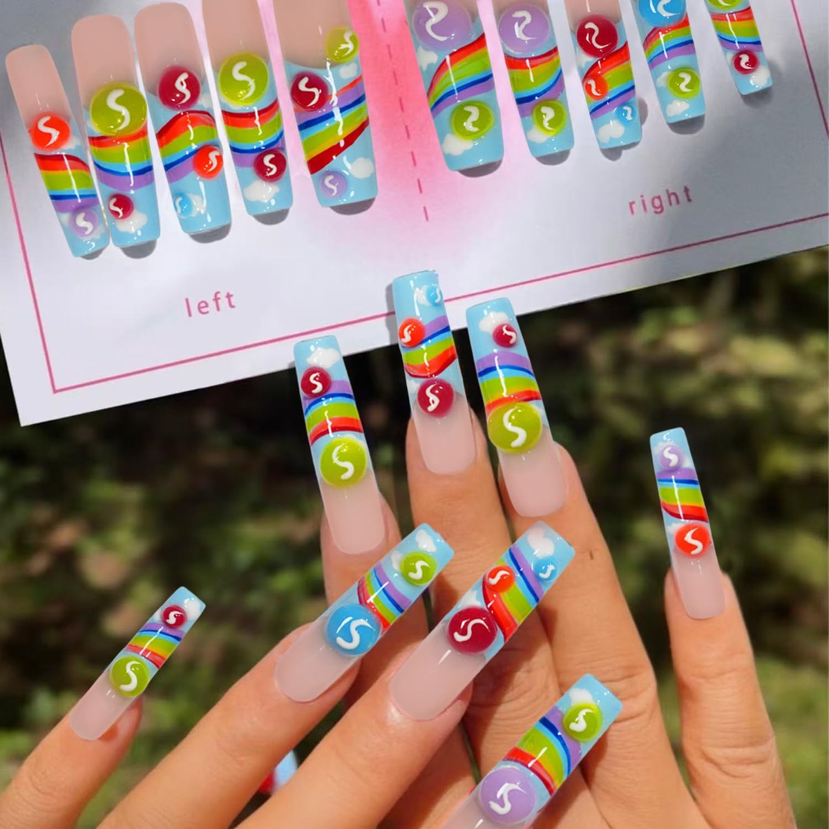 GREENTEA Handmade Nail Summer Rainbow Skittles Design Press-On Nails - Long Coffin Style, 10-Piece Set (Size M) - görsel 2