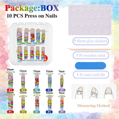 GREENTEA Handmade Nail Summer Rainbow Skittles Design Press-On Nails - Long Coffin Style, 10-Piece Set (Size M)