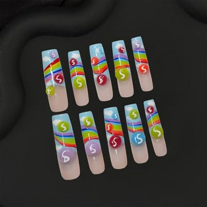 GREENTEA Handmade Nail Summer Rainbow Skittles Design Press-On Nails - Long Coffin Style, 10-Piece Set (Size M)
