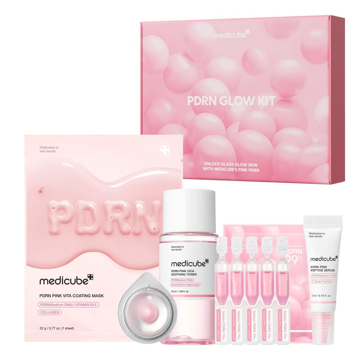 medicube Salmon DNA PDRN Trial Kit – Glass Glow Mini Skincare Set with Toner, Serum & Sheet Mask for Hydrating, Firming, Moisturizing | Travel Essentials for Women & Girls | Korean Skincare - görsel 2