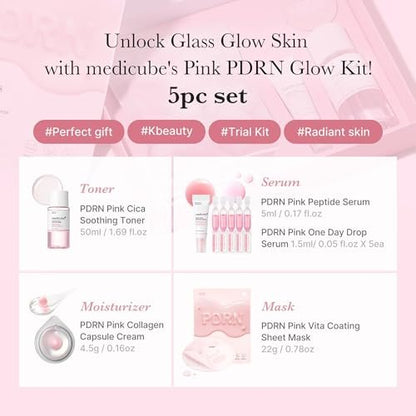 medicube Salmon DNA PDRN Trial Kit – Glass Glow Mini Skincare Set with Toner, Serum & Sheet Mask for Hydrating, Firming, Moisturizing | Travel Essentials for Women & Girls | Korean Skincare