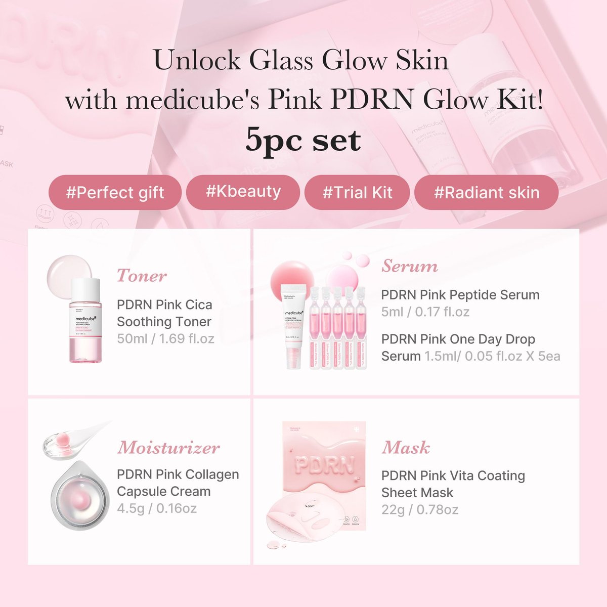 medicube Salmon DNA PDRN Trial Kit – Glass Glow Mini Skincare Set with Toner, Serum & Sheet Mask for Hydrating, Firming, Moisturizing | Travel Essentials for Women & Girls | Korean Skincare - görsel 4