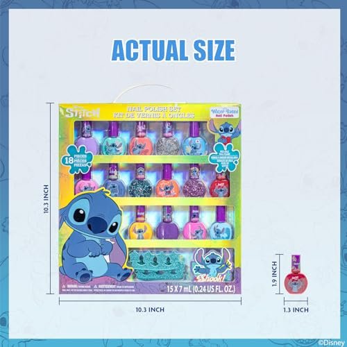 Disney Stitch 15-Piece Water-Based Kids Nail Polish Set – Peel Off, Quick Dry, Gift Kit for Girls Ages 3+ by Townley Girl Avelisse