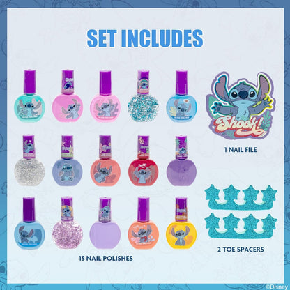 Disney Stitch 15-Piece Water-Based Kids Nail Polish Set – Peel Off, Quick Dry, Gift Kit for Girls Ages 3+ by Townley Girl Avelisse