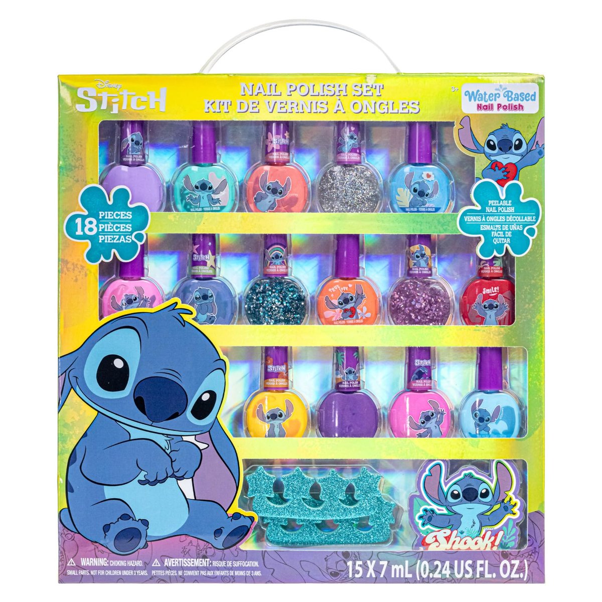 Disney Stitch 15-Piece Water-Based Kids Nail Polish Set – Peel Off, Quick Dry, Gift Kit for Girls Ages 3+ by Townley Girl Avelisse