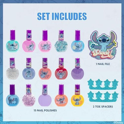 Disney Stitch 15-Piece Water-Based Kids Nail Polish Set – Peel Off, Quick Dry, Gift Kit for Girls Ages 3+ by Townley Girl Avelisse