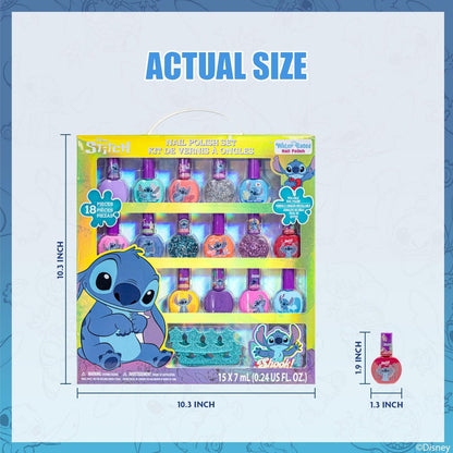 Disney Stitch 15-Piece Water-Based Kids Nail Polish Set – Peel Off, Quick Dry, Gift Kit for Girls Ages 3+ by Townley Girl Avelisse