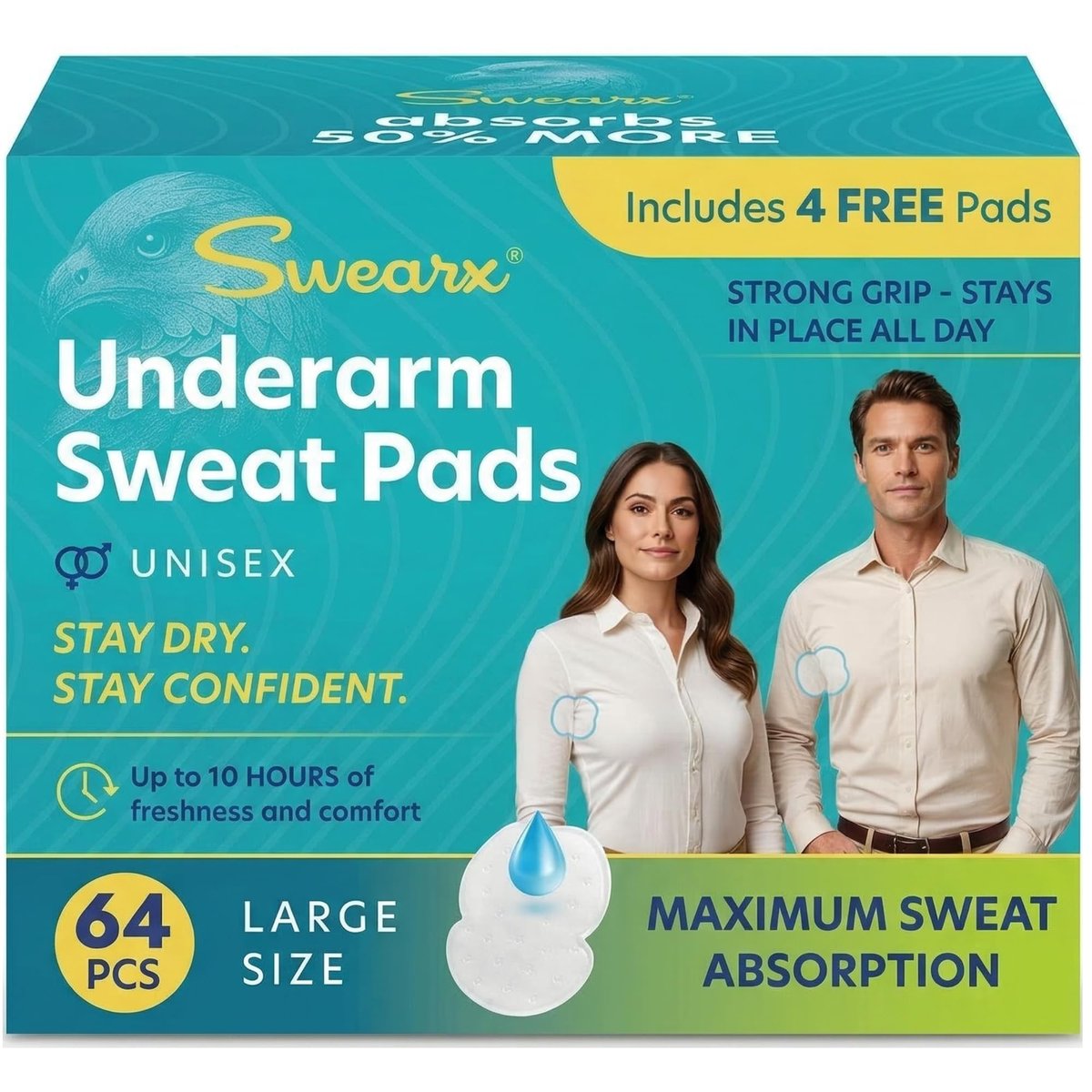 Swearx Underarm Sweat Pads for Women and Men - Disposable Armpit Pads, Large Size 64 Count - Sweat Shield for Dress Shirts and Clothing Avelisse