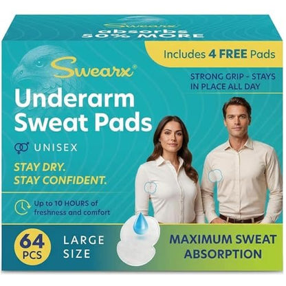 Swearx Underarm Sweat Pads for Women and Men - Disposable Armpit Pads, Large Size 64 Count - Sweat Shield for Dress Shirts and Clothing Avelisse