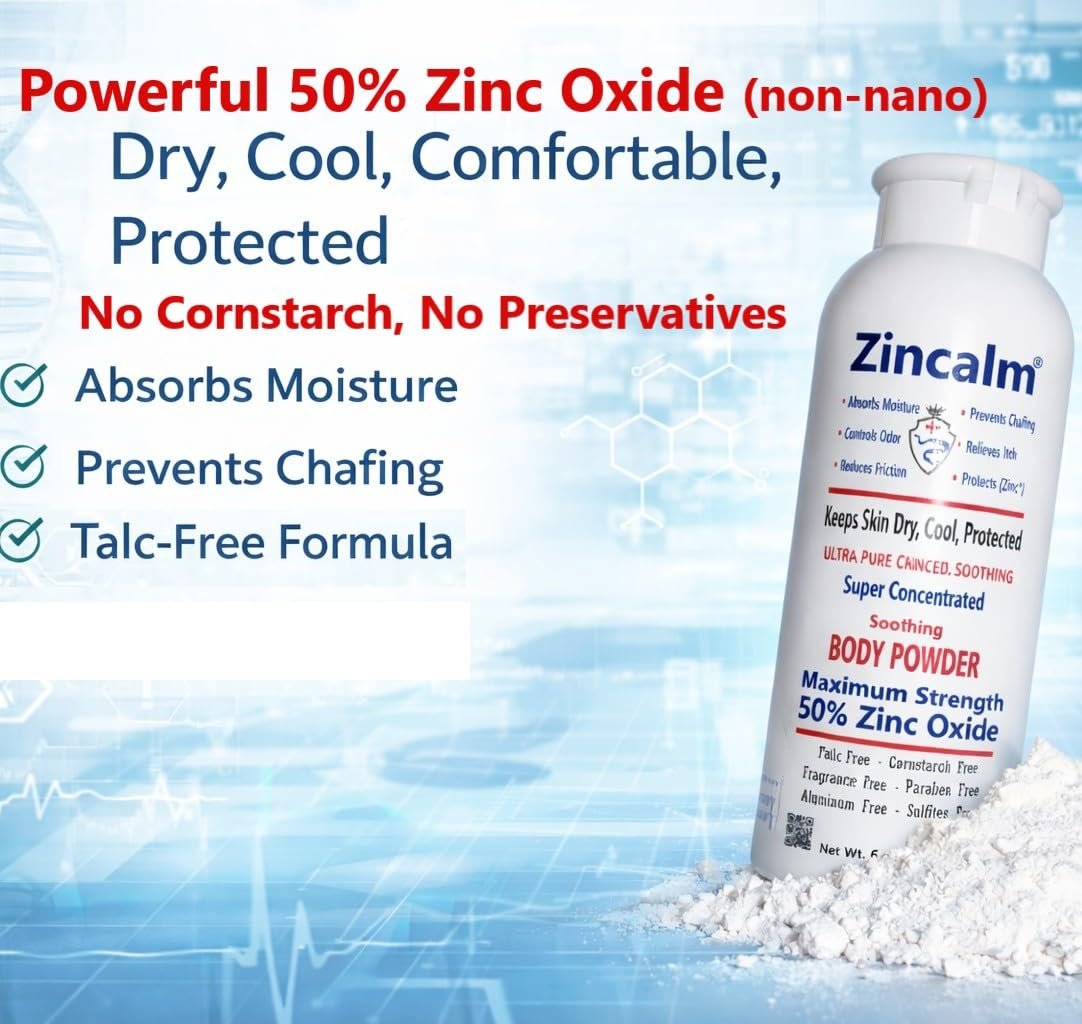 Zincalm All-Natural Body & Foot Powder – Concentrated 50% Zinc, Cornstarch-Free Moisture & Odor Absorbing, Anti-Chafing & Itch Relief for Dry/Cool Skin with Ultra-Pure Calcium & Menthol Avelisse