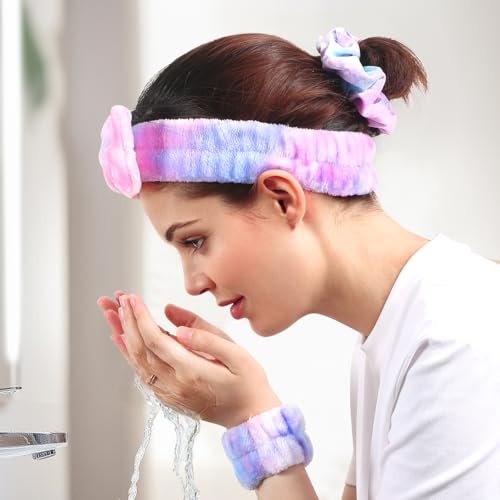 WSYUB Spa Headband and Wristband Set with Hair Scrunchies – Microfiber Face Wash Headbands for Skincare, Makeup, and Bathing (Multicolor) - görsel 10