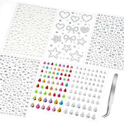 Teenitor Self Adhesive Face Gems and Hair Gems - 6 Sheets Pearl Stickers for Rave, Prom, and Crafting