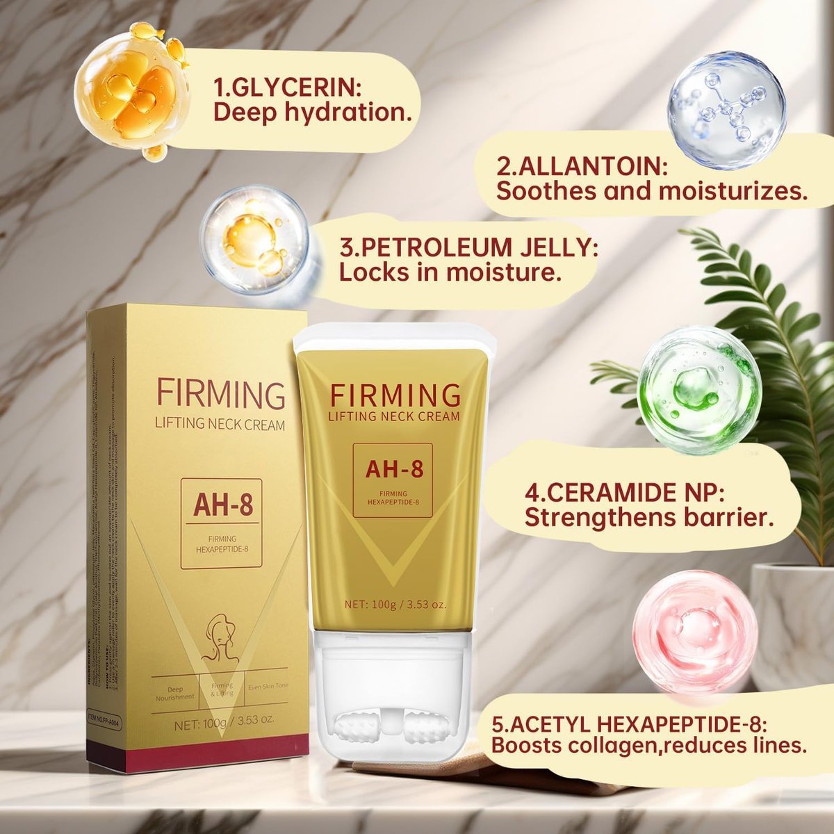 Mtmult AH-8 Firming Neck Cream with Roller Applicator – Anti-Aging Neck Tightening Cream for Sagging Skin & Fine Lines – Hydrating Moisturizer for Women & Men (2-Pack) Avelisse