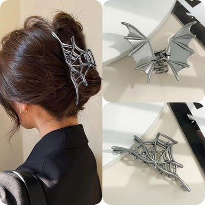 Halloween 3-Piece Spider Net Bat Hair Claw Clips - Gothic Black Metal with Pearl - Large & Medium Size for Thick Hair - Women & Girls Holiday Gifts (Black Gun)