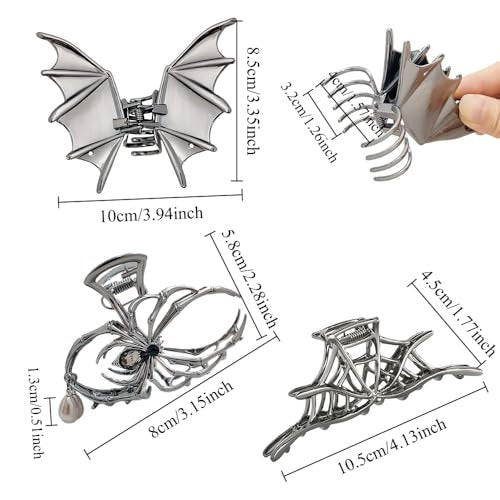 Halloween 3-Piece Spider Net Bat Hair Claw Clips - Gothic Black Metal with Pearl - Large & Medium Size for Thick Hair - Women & Girls Holiday Gifts (Black Gun) - görsel 7