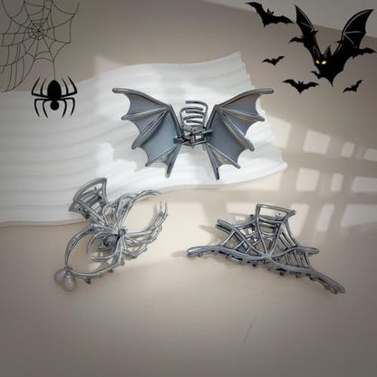 Halloween 3-Piece Spider Net Bat Hair Claw Clips - Gothic Black Metal with Pearl - Large & Medium Size for Thick Hair - Women & Girls Holiday Gifts (Black Gun)