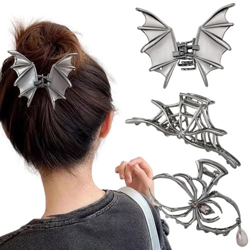 Halloween 3-Piece Spider Net Bat Hair Claw Clips - Gothic Black Metal with Pearl - Large & Medium Size for Thick Hair - Women & Girls Holiday Gifts (Black Gun) - görsel 2