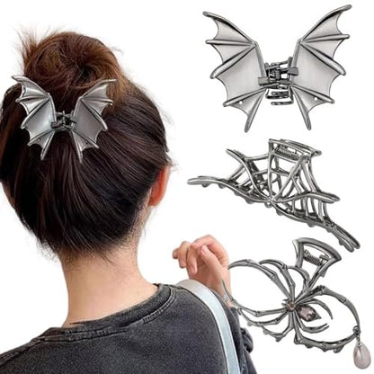 Halloween 3-Piece Spider Net Bat Hair Claw Clips - Gothic Black Metal with Pearl - Large & Medium Size for Thick Hair - Women & Girls Holiday Gifts (Black Gun)