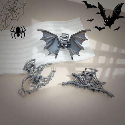 Halloween 3-Piece Spider Net Bat Hair Claw Clips - Gothic Black Metal with Pearl - Large & Medium Size for Thick Hair - Women & Girls Holiday Gifts (Black Gun)