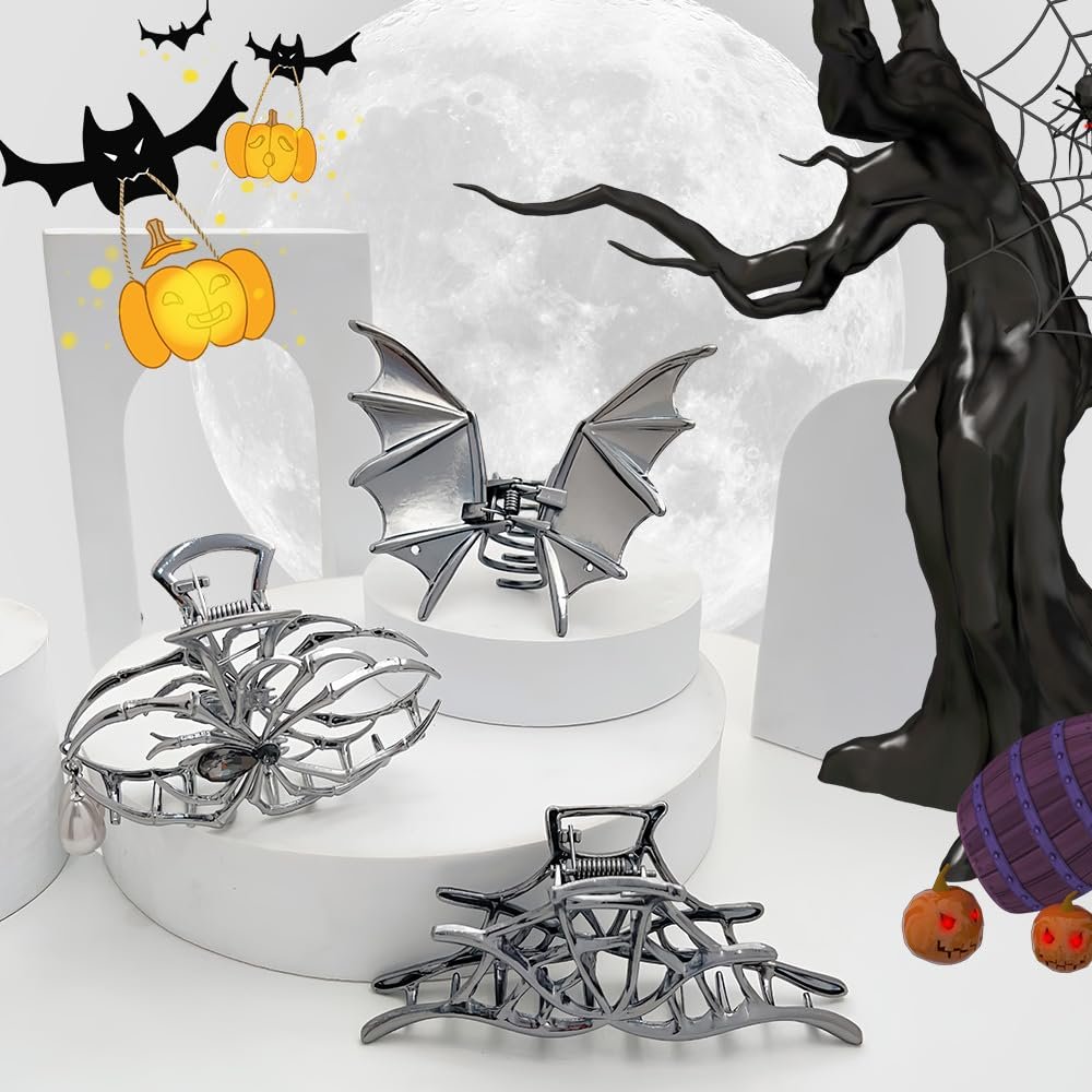 Halloween 3-Piece Spider Net Bat Hair Claw Clips - Gothic Black Metal with Pearl - Large & Medium Size for Thick Hair - Women & Girls Holiday Gifts (Black Gun) - görsel 12