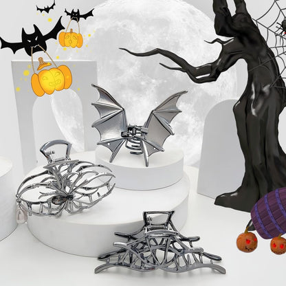 Halloween 3-Piece Spider Net Bat Hair Claw Clips - Gothic Black Metal with Pearl - Large & Medium Size for Thick Hair - Women & Girls Holiday Gifts (Black Gun)