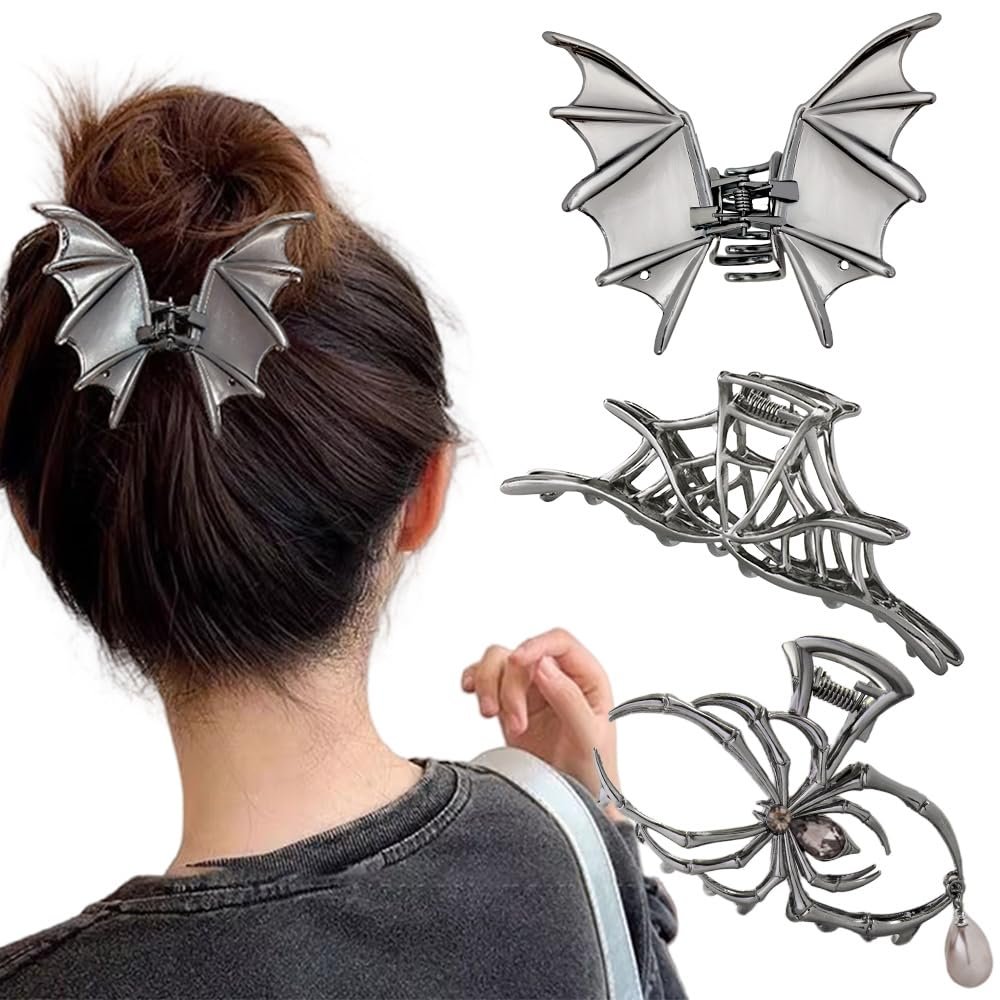 Halloween 3-Piece Spider Net Bat Hair Claw Clips - Gothic Black Metal with Pearl - Large & Medium Size for Thick Hair - Women & Girls Holiday Gifts (Black Gun) - görsel 1
