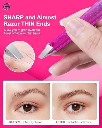GlamTweeler Expert Slant Tip Tweezers with Leather Case - Sharp Precision Stainless Steel Tweezer for Eyebrows & Facial Hair Removal (Sparkle Purple & Turquoise) Avelisse