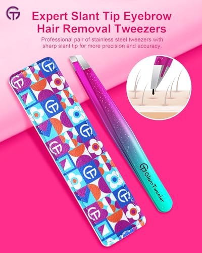 GlamTweeler Expert Slant Tip Tweezers with Leather Case - Sharp Precision Stainless Steel Tweezer for Eyebrows & Facial Hair Removal (Sparkle Purple & Turquoise) Avelisse