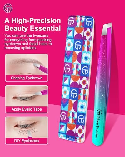 GlamTweeler Expert Slant Tip Tweezers with Leather Case - Sharp Precision Stainless Steel Tweezer for Eyebrows & Facial Hair Removal (Sparkle Purple & Turquoise) Avelisse