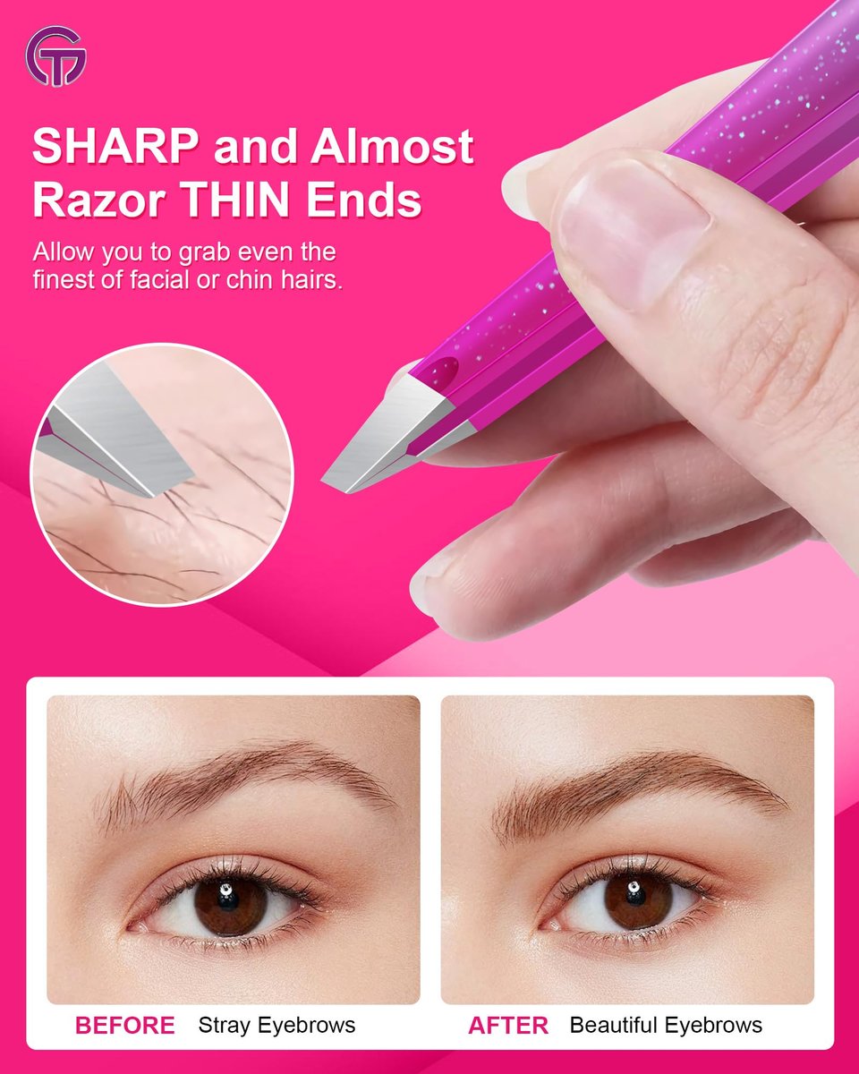 GlamTweeler Expert Slant Tip Tweezers with Leather Case - Sharp Precision Stainless Steel Tweezer for Eyebrows & Facial Hair Removal (Sparkle Purple & Turquoise) Avelisse