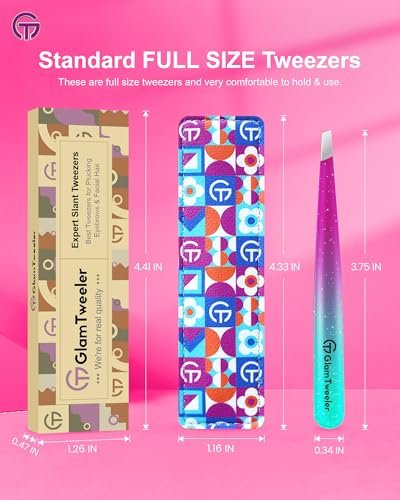 GlamTweeler Expert Slant Tip Tweezers with Leather Case - Sharp Precision Stainless Steel Tweezer for Eyebrows & Facial Hair Removal (Sparkle Purple & Turquoise) Avelisse