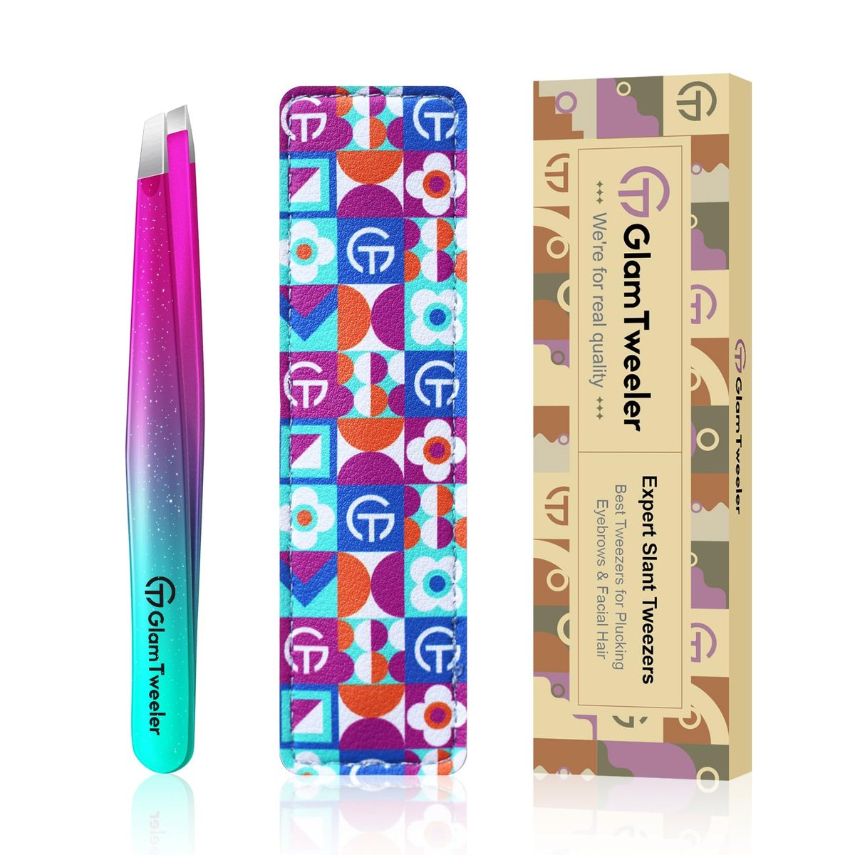 GlamTweeler Expert Slant Tip Tweezers with Leather Case - Sharp Precision Stainless Steel Tweezer for Eyebrows & Facial Hair Removal (Sparkle Purple & Turquoise) Avelisse