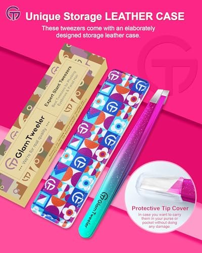 GlamTweeler Expert Slant Tip Tweezers with Leather Case - Sharp Precision Stainless Steel Tweezer for Eyebrows & Facial Hair Removal (Sparkle Purple & Turquoise) Avelisse