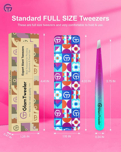 GlamTweeler Expert Slant Tip Tweezers with Leather Case - Sharp Precision Stainless Steel Tweezer for Eyebrows & Facial Hair Removal (Sparkle Purple & Turquoise) Avelisse