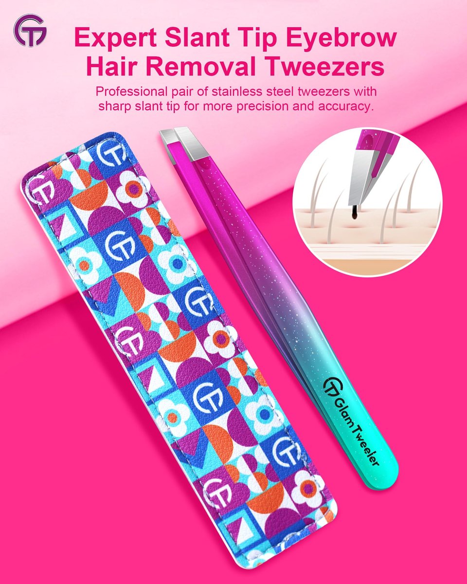 GlamTweeler Expert Slant Tip Tweezers with Leather Case - Sharp Precision Stainless Steel Tweezer for Eyebrows & Facial Hair Removal (Sparkle Purple & Turquoise) Avelisse