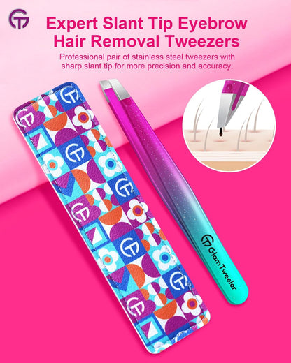 GlamTweeler Expert Slant Tip Tweezers with Leather Case - Sharp Precision Stainless Steel Tweezer for Eyebrows & Facial Hair Removal (Sparkle Purple & Turquoise) Avelisse