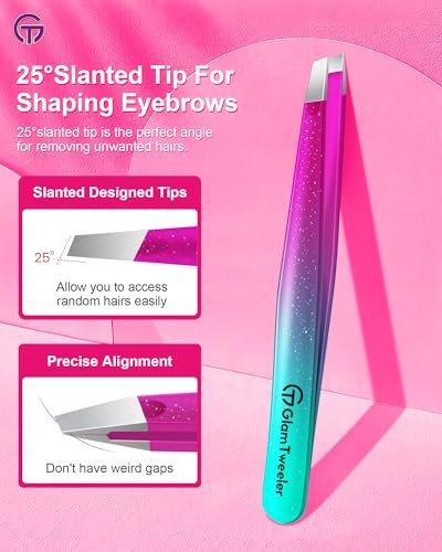 GlamTweeler Expert Slant Tip Tweezers with Leather Case - Sharp Precision Stainless Steel Tweezer for Eyebrows & Facial Hair Removal (Sparkle Purple & Turquoise) Avelisse
