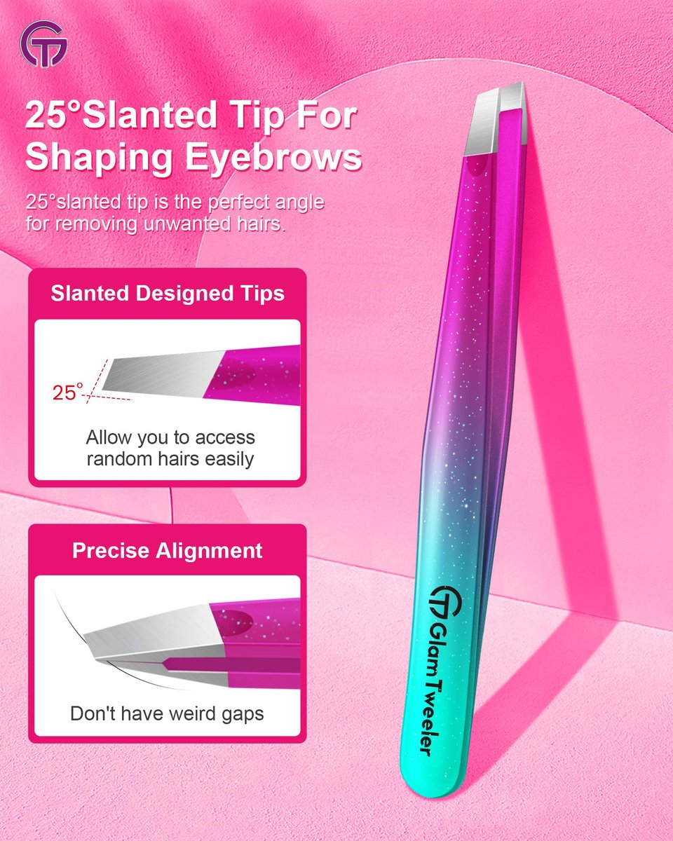 GlamTweeler Expert Slant Tip Tweezers with Leather Case - Sharp Precision Stainless Steel Tweezer for Eyebrows & Facial Hair Removal (Sparkle Purple & Turquoise) Avelisse