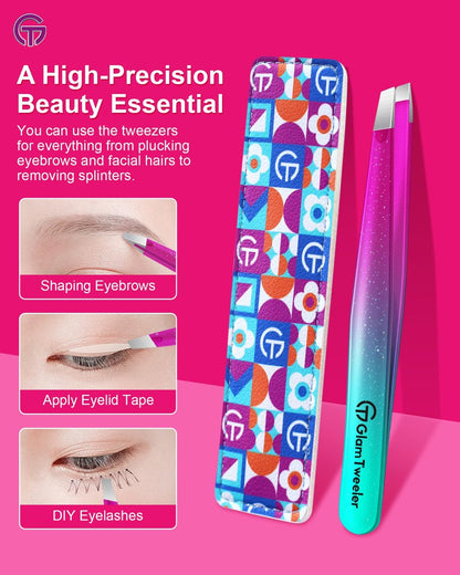 GlamTweeler Expert Slant Tip Tweezers with Leather Case - Sharp Precision Stainless Steel Tweezer for Eyebrows & Facial Hair Removal (Sparkle Purple & Turquoise) Avelisse