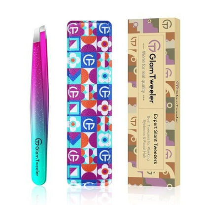 GlamTweeler Expert Slant Tip Tweezers with Leather Case - Sharp Precision Stainless Steel Tweezer for Eyebrows & Facial Hair Removal (Sparkle Purple & Turquoise) Avelisse