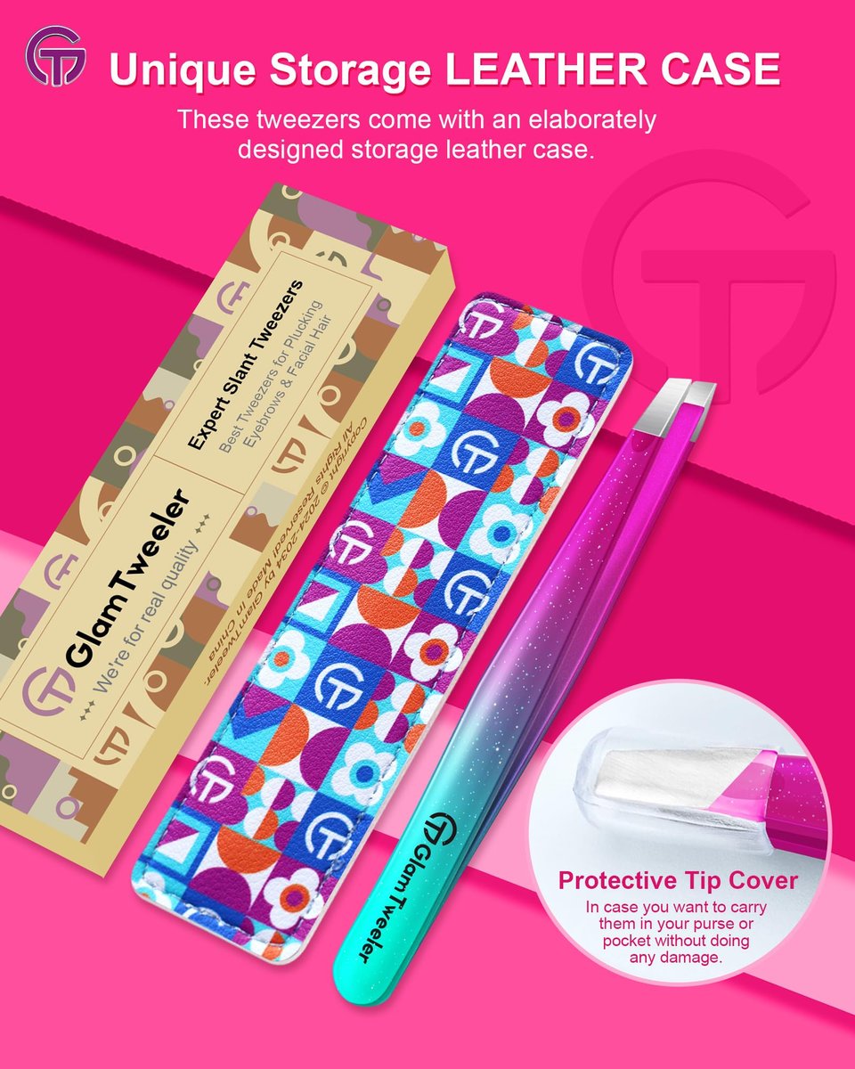 GlamTweeler Expert Slant Tip Tweezers with Leather Case - Sharp Precision Stainless Steel Tweezer for Eyebrows & Facial Hair Removal (Sparkle Purple & Turquoise) Avelisse