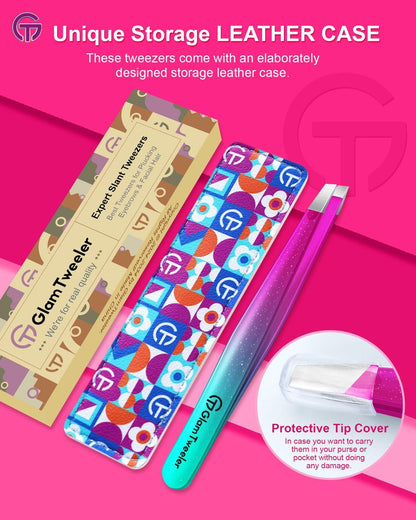 GlamTweeler Expert Slant Tip Tweezers with Leather Case - Sharp Precision Stainless Steel Tweezer for Eyebrows & Facial Hair Removal (Sparkle Purple & Turquoise) Avelisse