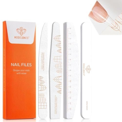 4-Piece Modelones Nail Files and Buffers Blocks – Double-Sided Emery Boards 100/150/180 Grit & 600/3000 Shine Polisher, Reusable Washable Anti-Bend White